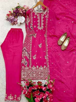 Pretty  Cinon Silk With Embroidery Work Pink Kurti Set
