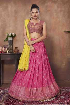 Pretty Pink Ready Made Lehenga choli With Yellow Dupatta