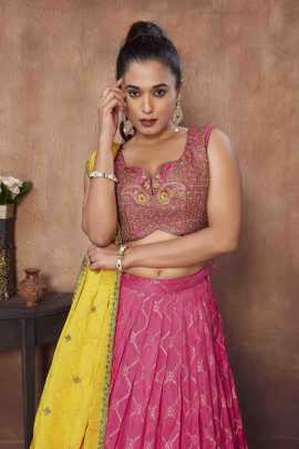 Pretty Pink Ready Made Lehenga choli With Yellow Dupatta