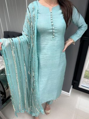 Pure Chinnon With Embroidery Sequence Work Teal Blue Readymade Suit 