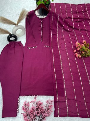 Pure Chinnon With Embroidery Sequence Work wine Readymade Suit