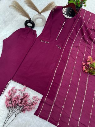 Pure Chinnon With Embroidery Sequence Work wine Readymade Suit