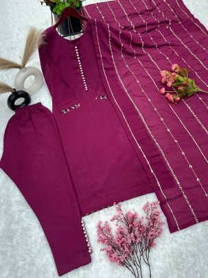 Pure Chinnon With Embroidery Sequence Work wine Readymade Suit