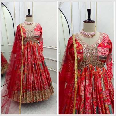 Pure Chinon Silk Red Gown Pant With Dupatta