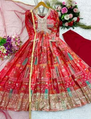 Pure Chinon Silk Red Gown Pant With Dupatta