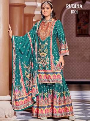 Pure Crape Silk Rama Colour Sharara Suit
