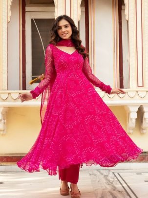 Pure Georgette Printed Pink Anarkali Suit With Huge Flair