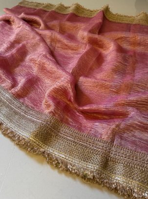 Pure Handloom Tissue Crushed Banarasi Saree With Gotapatti Border