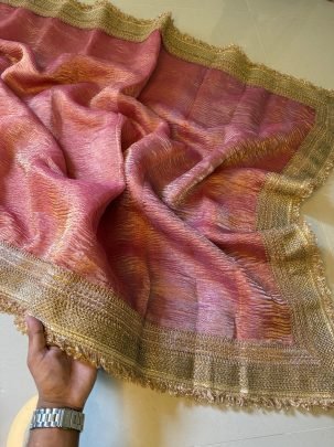 Pure Handloom Tissue Crushed Banarasi Saree With Gotapatti Border