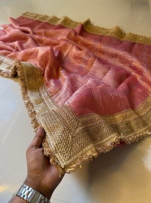 Pure Handloom Tissue Crushed Banarasi Saree With Gotapatti Border