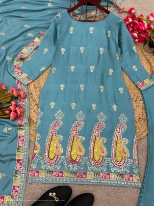 Pure Heavy Chinnon Silk With Heavy Embroidery Work suit by fab funda