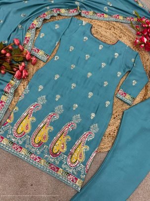 Pure Heavy Chinnon Silk With Heavy Embroidery Work suit by fab funda