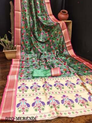 Pure Lichi Silk Paithani Mehendi Saree with Floral Digital Print