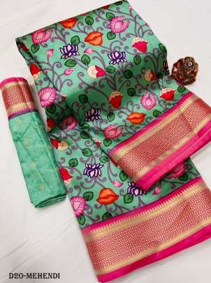 Pure Lichi Silk Paithani Mehendi Saree with Floral Digital Print