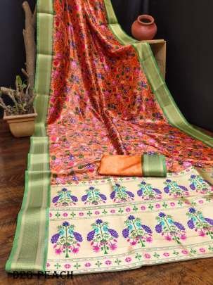 Pure Lichi Silk Paithani Peach Saree with Floral Digital Print