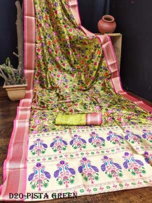 Pure Lichi Silk Paithani Pista Green Saree with Floral Digital Print