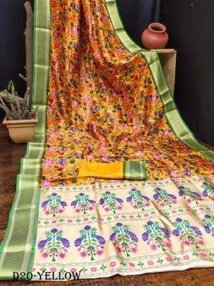 Pure Lichi Silk Paithani Yellow Saree with Floral Digital Print