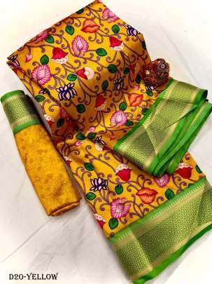 Pure Lichi Silk Paithani Yellow Saree with Floral Digital Print