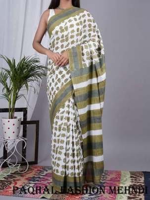 Designer Pure Linen Digital Printed Mehendi Saree