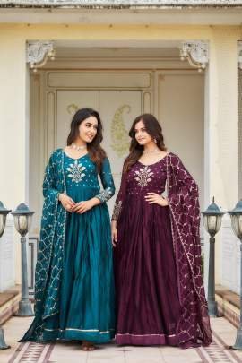 Pure Rangoli Rama Colour Gown With Dupatta