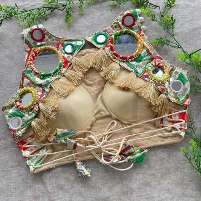 Pure Silk Beige Readymade Blouse With Embroidery For Navratri Wear