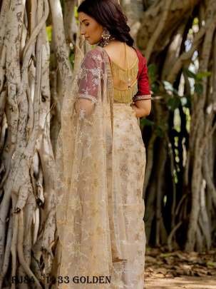 Pure Soft Mono Net Golden Embroidery Sequins Work Saree