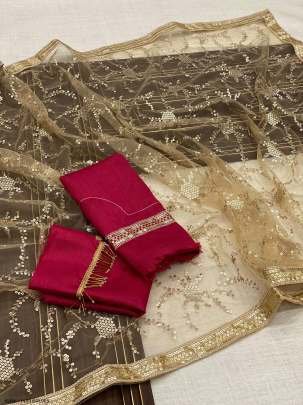 Pure Soft Mono Net Golden Embroidery Sequins Work Saree