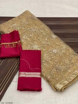 Pure Soft Mono Net Golden Embroidery Sequins Work Saree