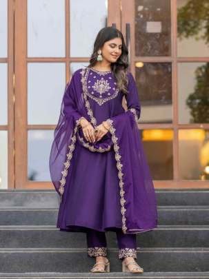 Purple Deginer Neck Embroidered Work Pure Chinon Kurtis Set