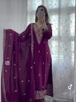 Purple Exclusive Pure Chinon Silk Top And Pant Set With Dupatta