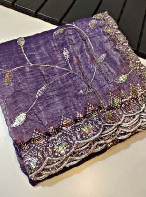 Purple Designer Soft Gold Crush Saree With Cut Work Border