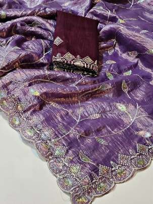 Purple Designer Soft Gold Crush Saree With Cut Work Border