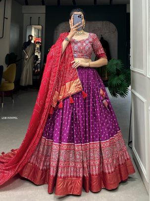 Purple Dola Silk Bandhani And Ajrakh Print With Foil Work Lehenga 