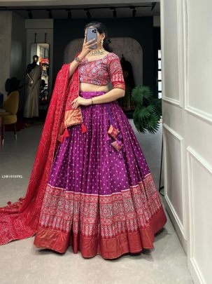 Purple Dola Silk Bandhani And Ajrakh Print With Foil Work Lehenga