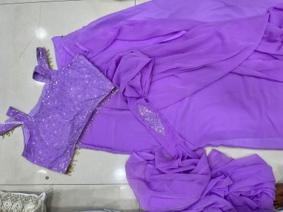 Purple Faux Georgette Ready to wear Sequence Patch Work Saree With Readymade Blouse