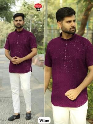 Purple Festival Wear Chikankari Work Rayon Short Men Kurta