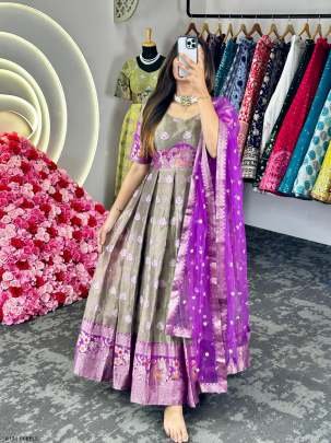 Purple Festival Wear Jacquard Kota Silk Anarkali Suits