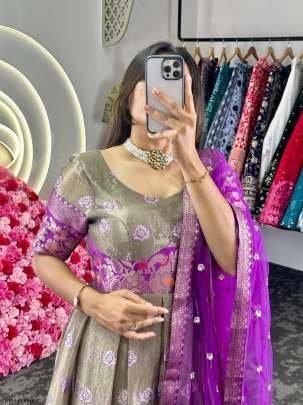 Purple Festival Wear Jacquard Kota Silk Anarkali Suits