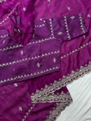 Purple Party Wear Embroidery Work Soft Organza Saree