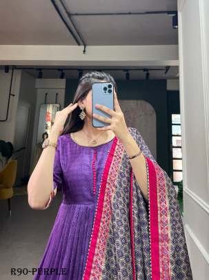 Purple Readymade Foil Printed Tussar Silk Gown With Dupatta