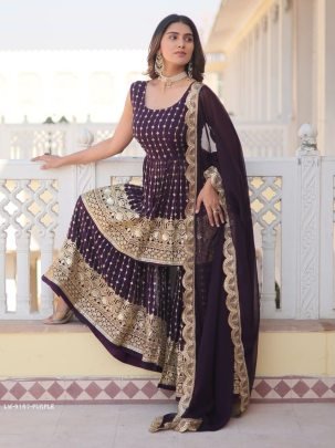 Purple Sequins Work Faux Georgette Readymade Kurtis Gharara