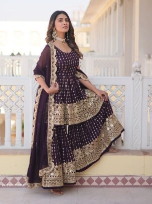 Purple Sequins Work Faux Georgette Readymade Kurtis Gharara