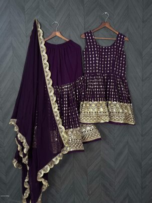 Purple Sequins Work Faux Georgette Readymade Kurtis Gharara