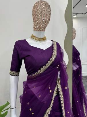 Purple Soft Net Saree With Bagloro Silk Blouse