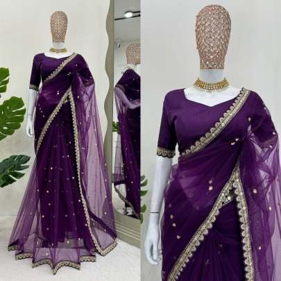 Purple Soft Net Saree With Bagloro Silk Blouse