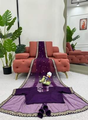 Purple Soft Net Saree With Bagloro Silk Blouse