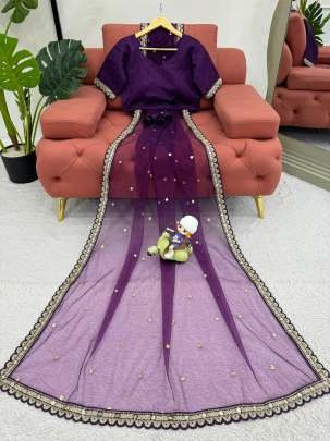 Purple Soft Net Saree With Bagloro Silk Blouse