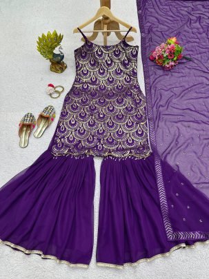 Purple Thread And Sequence work Striped Top Sharara Suit