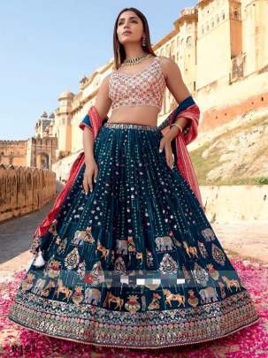 Rama Animal Work Designer Georgette Silk Lehenga Choli With Full Can Can