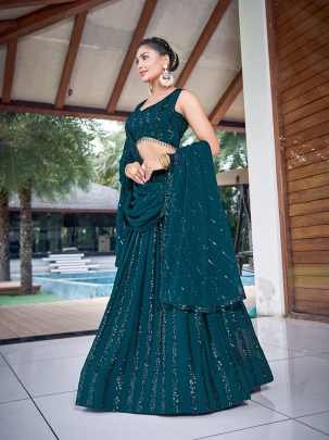 Rama Green Sequence Flared  Lehenga Choli For Festive Season